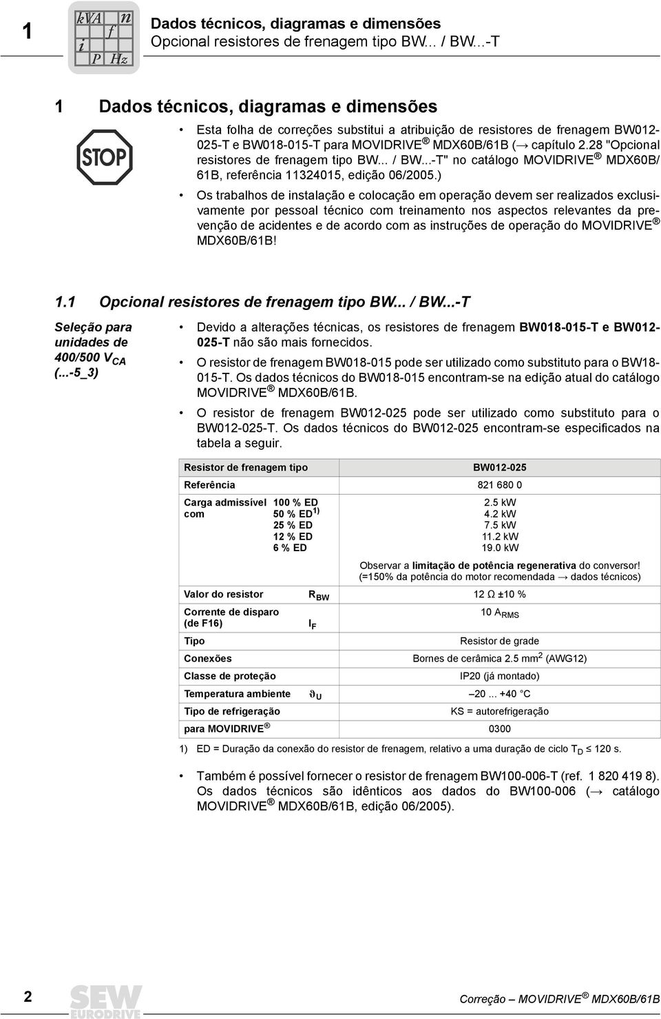 28 "Opcional resistores de frenagem tipo BW... / BW...-T" no catálogo MOVIDRIVE MDX60B/ 61B, referência 11324015, edição 06/2005.