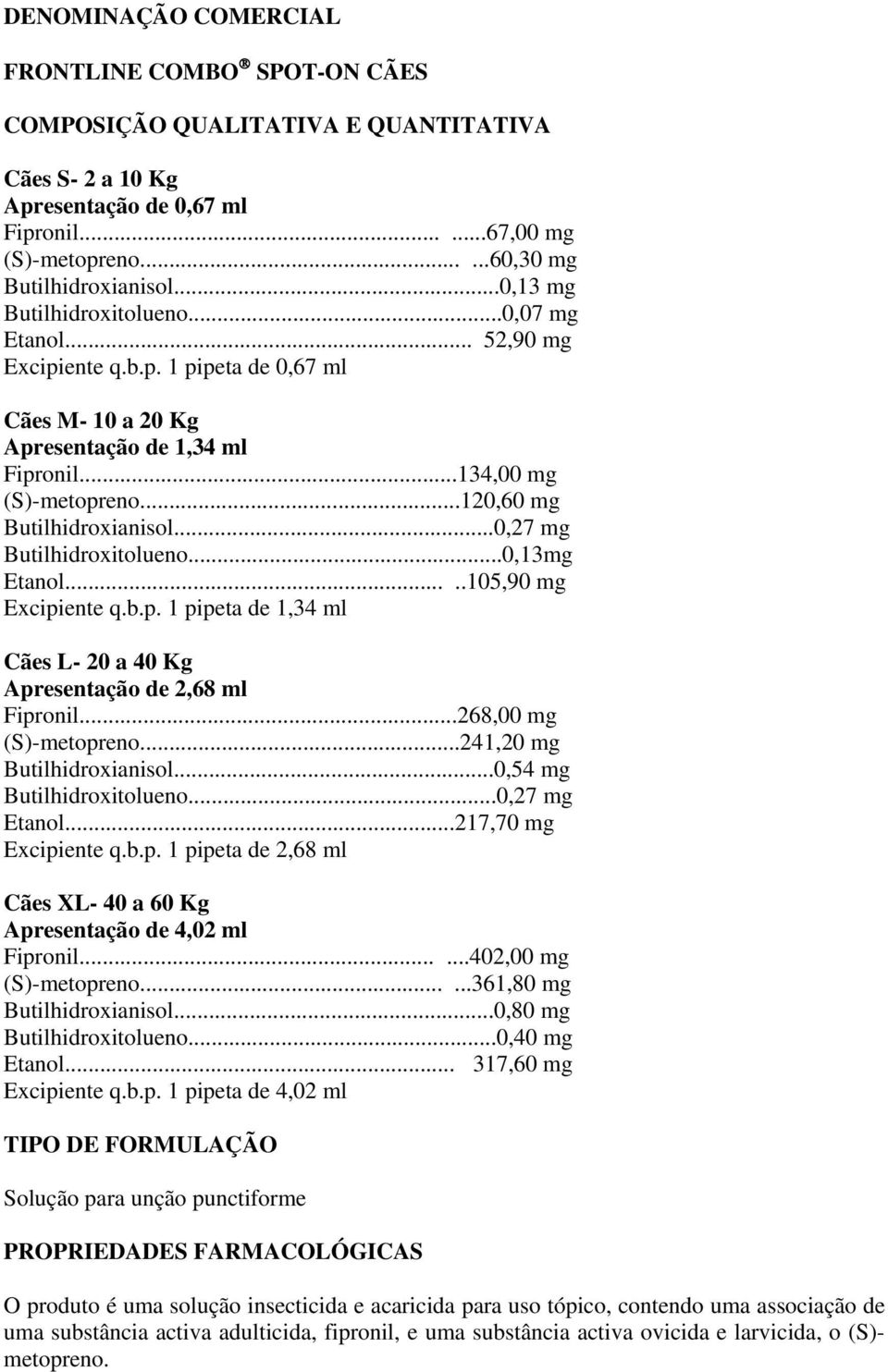 ..120,60 mg Butilhidroxianisol...0,27 mg Butilhidroxitolueno...0,13mg Etanol.....105,90 mg Excipiente q.b.p. 1 pipeta de 1,34 ml Cães L- 20 a 40 Kg Apresentação de 2,68 ml Fipronil.