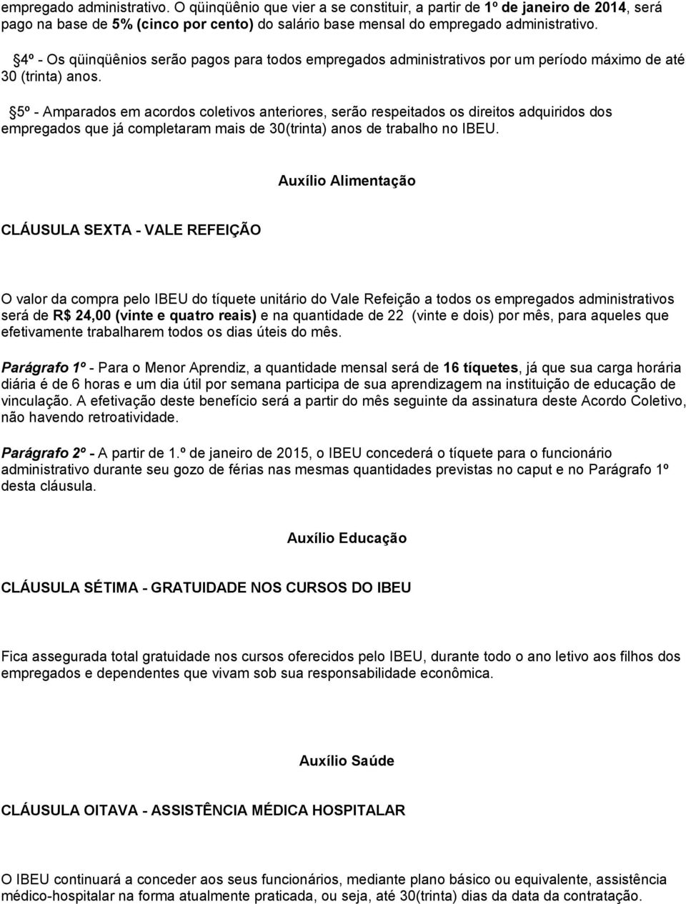 5º - Amparados em acordos coletivos anteriores, serão respeitados os direitos adquiridos dos empregados que já completaram mais de 30(trinta) anos de trabalho no IBEU.