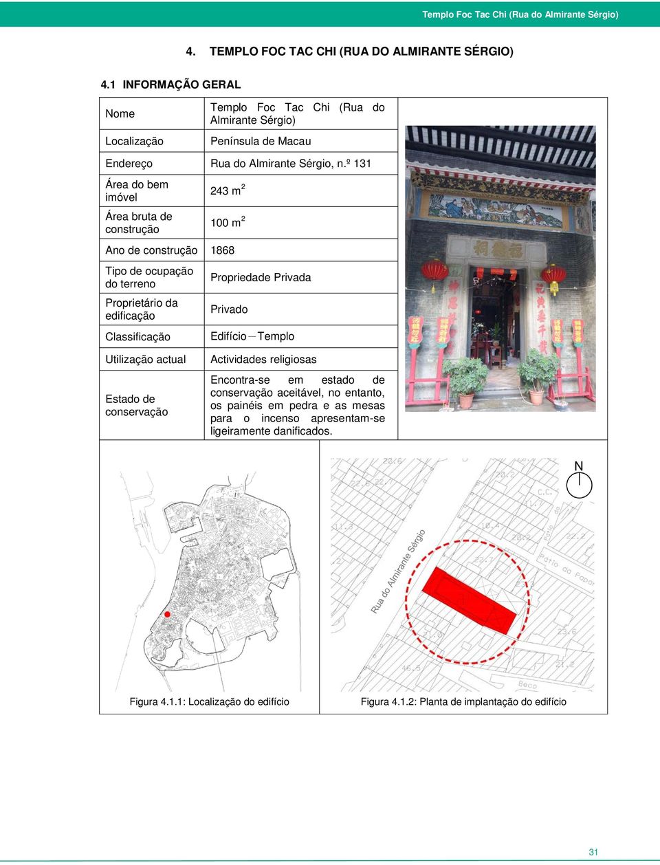 º 131 Área do bem imóvel Área bruta de construção 243 m 2 100 m 2 Ano de construção 1868 Tipo de ocupação do terreno Proprietário da edificação Classificação Propriedade Privada