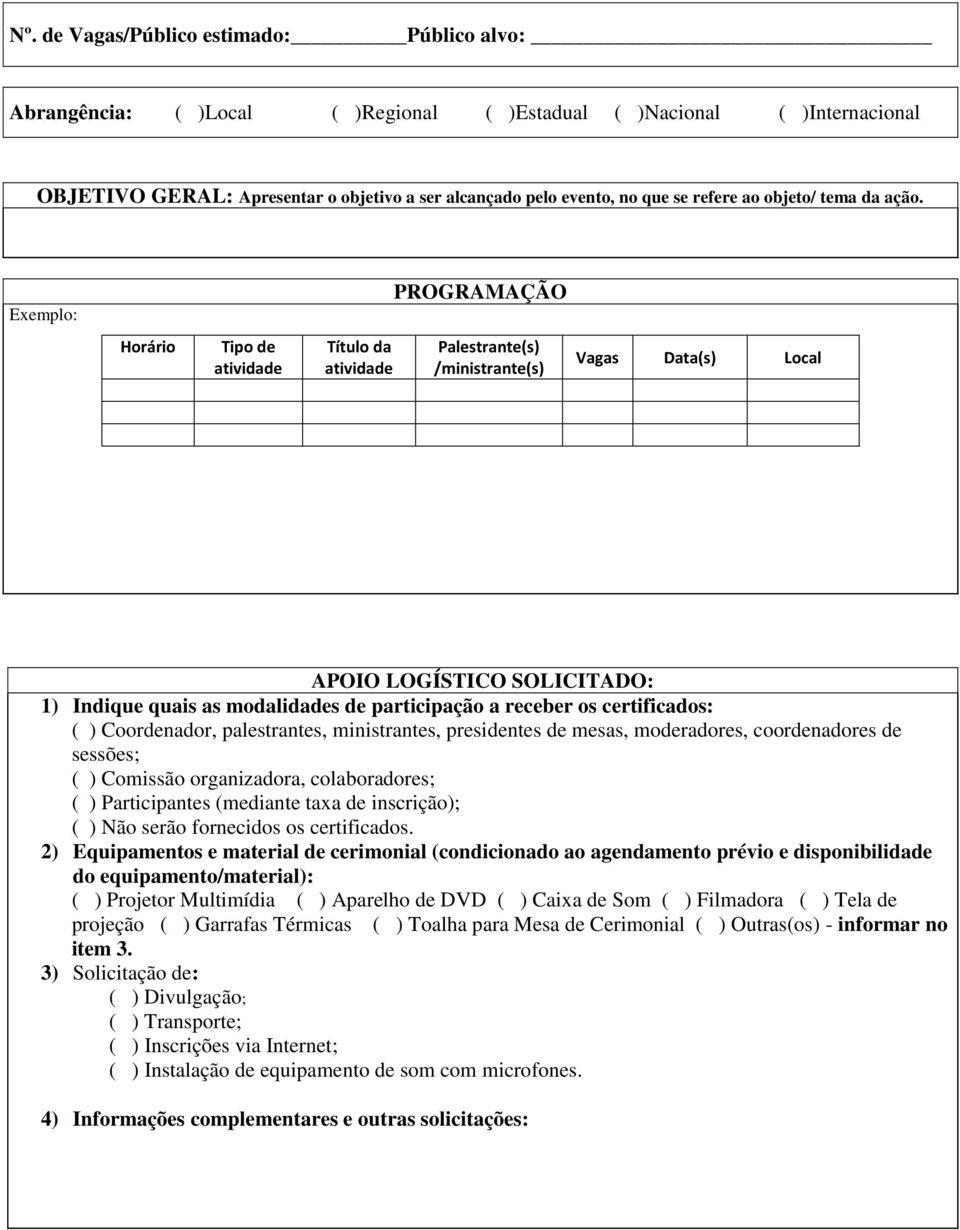 Exemplo: PROGRAMAÇÃO Horário Tipo de atividade Título da atividade Palestrante(s) /ministrante(s) Vagas Data(s) Local APOIO LOGÍSTICO SOLICITADO: 1) Indique quais as modalidades de participação a