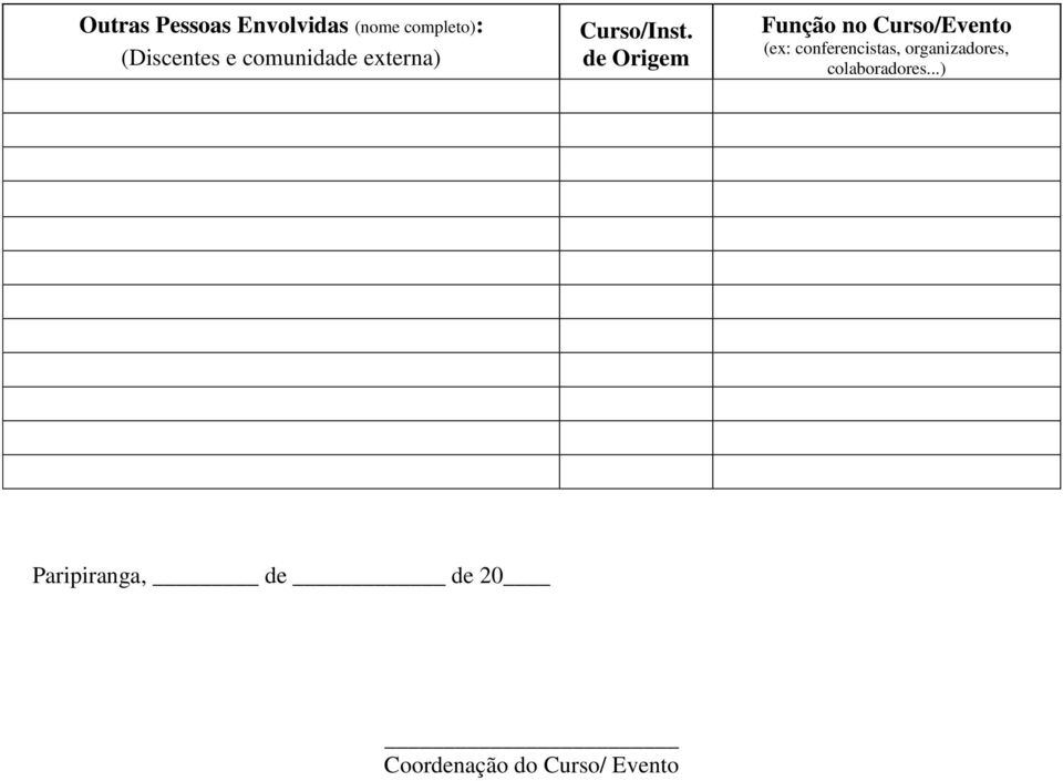 de Origem Função no Curso/Evento (ex: conferencistas,