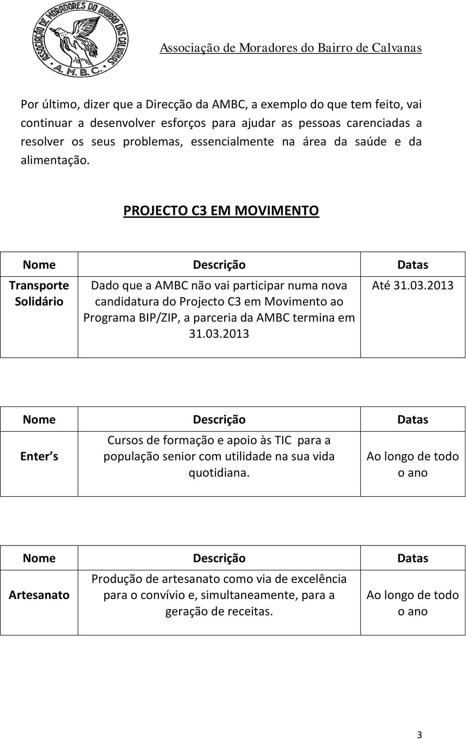 PROJECTO C3 EM MOVIMENTO Transporte Solidário Dado que a AMBC não vai participar numa nova candidatura do Projecto C3 em Movimento ao Programa BIP/ZIP, a parceria