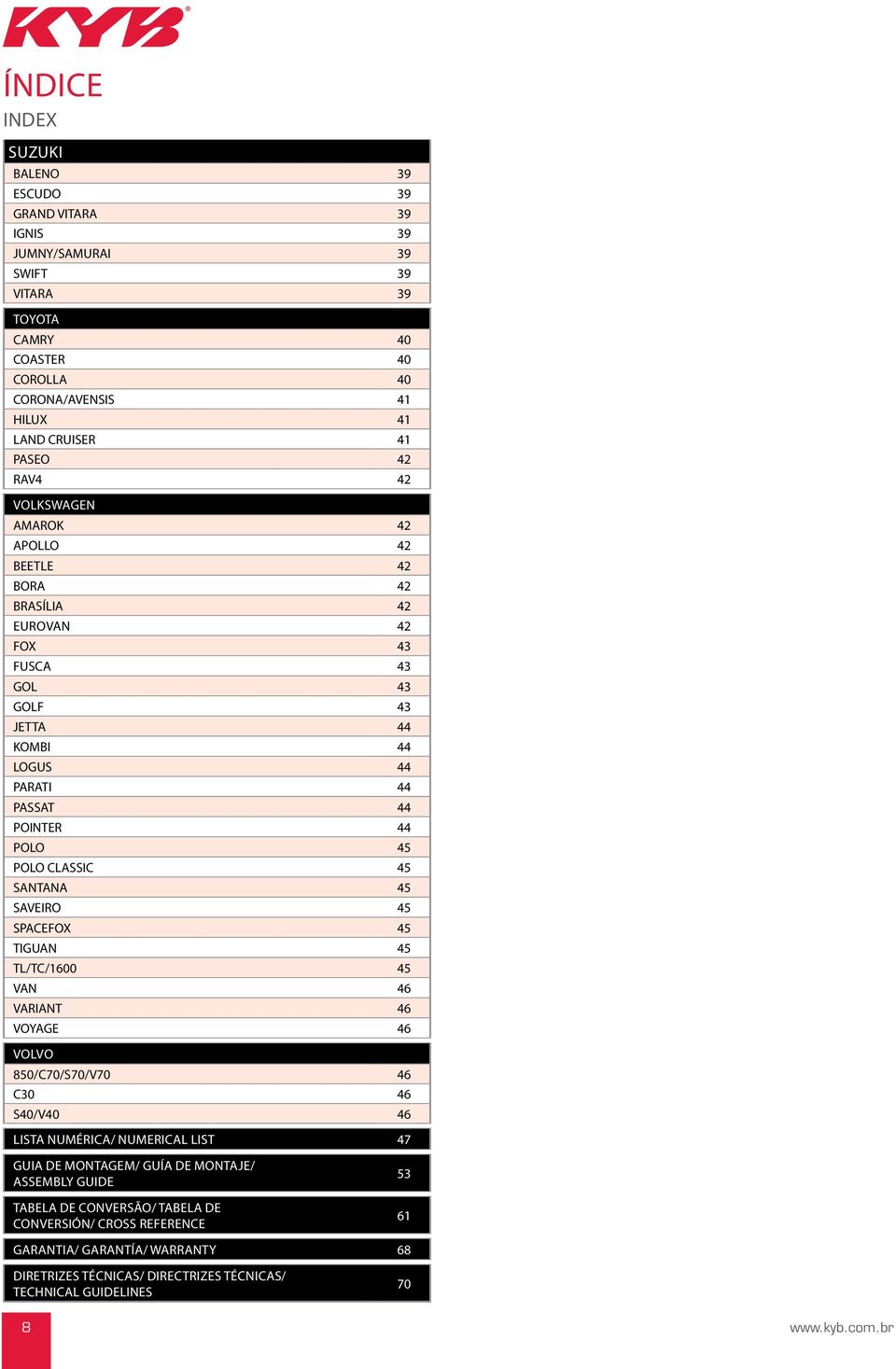 SANTANA 45 SAVEIRO 45 SPACEFOX 45 TIGUAN 45 TL/TC/1600 45 VAN 46 VARIANT 46 VOYAGE 46 VOLVO 1 850/C70/S70/V70 46 C30 46 S40/V40 46 LISTA NUMÉRICA/ NUMERICAL LIST 47 GUIA DE MONTAGEM/ GUÍA DE