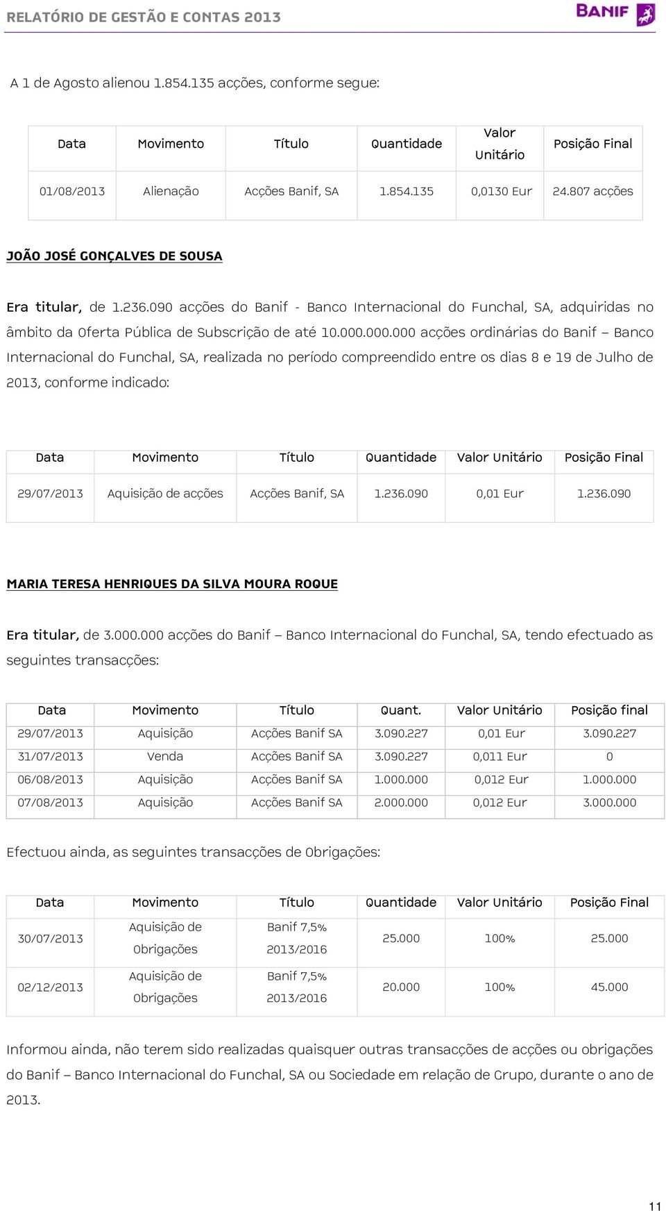 000.000 acções ordinárias do Banif Banco Internacional do Funchal, SA, realizada no período compreendido entre os dias 8 e 19 de Julho de 2013, conforme indicado: Data Movimento Título Quantidade