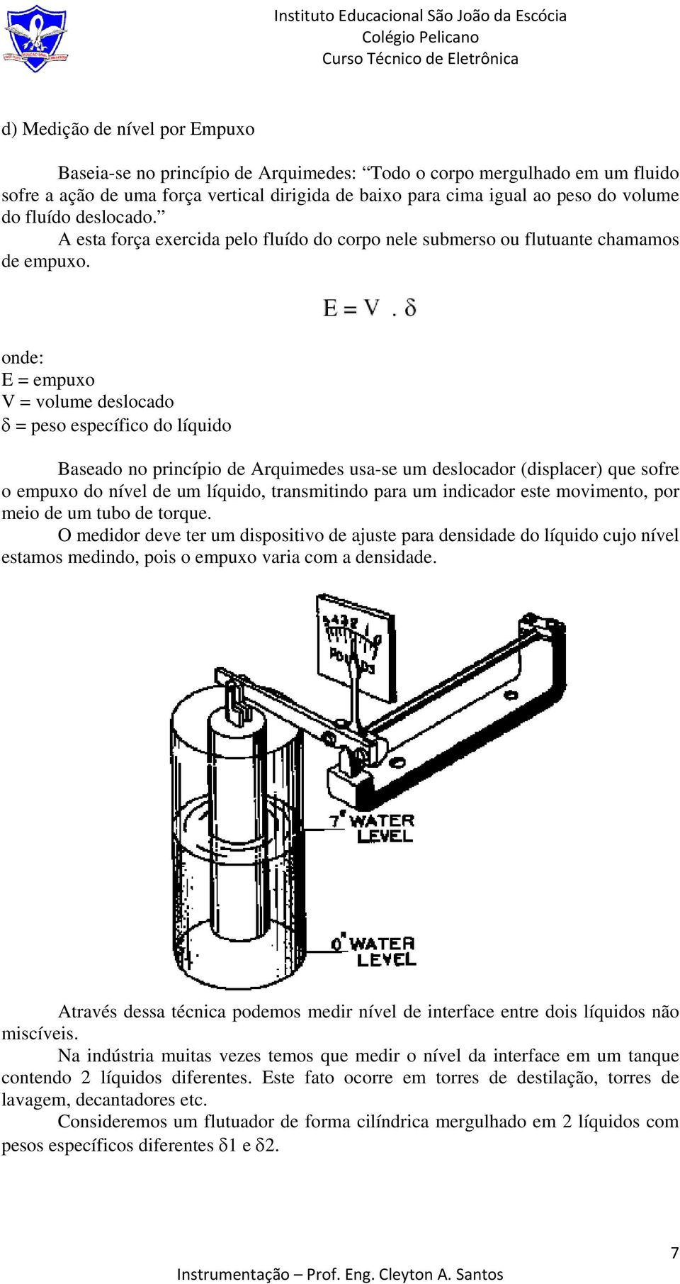 onde: E = empuxo V = volume deslocado δ = peso específico do líquido Baseado no princípio de Arquimedes usa-se um deslocador (displacer) que sofre o empuxo do nível de um líquido, transmitindo para