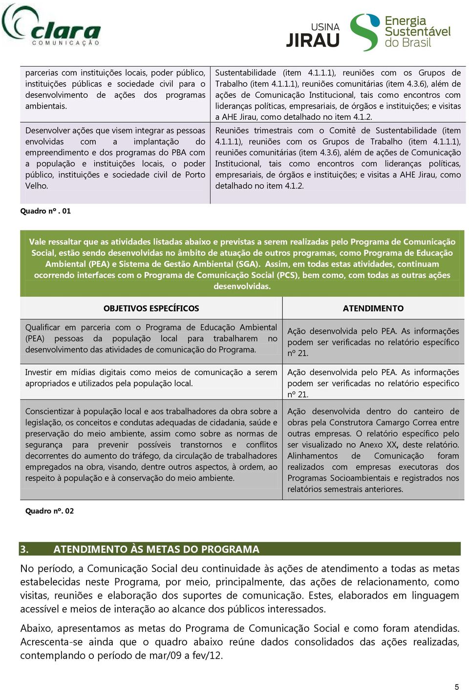 civil de Porto Velho. Sustentabilidade (item 4...), reuniões com os Grupos de Trabalho (item 4...), reuniões comunitárias (item 4.3.