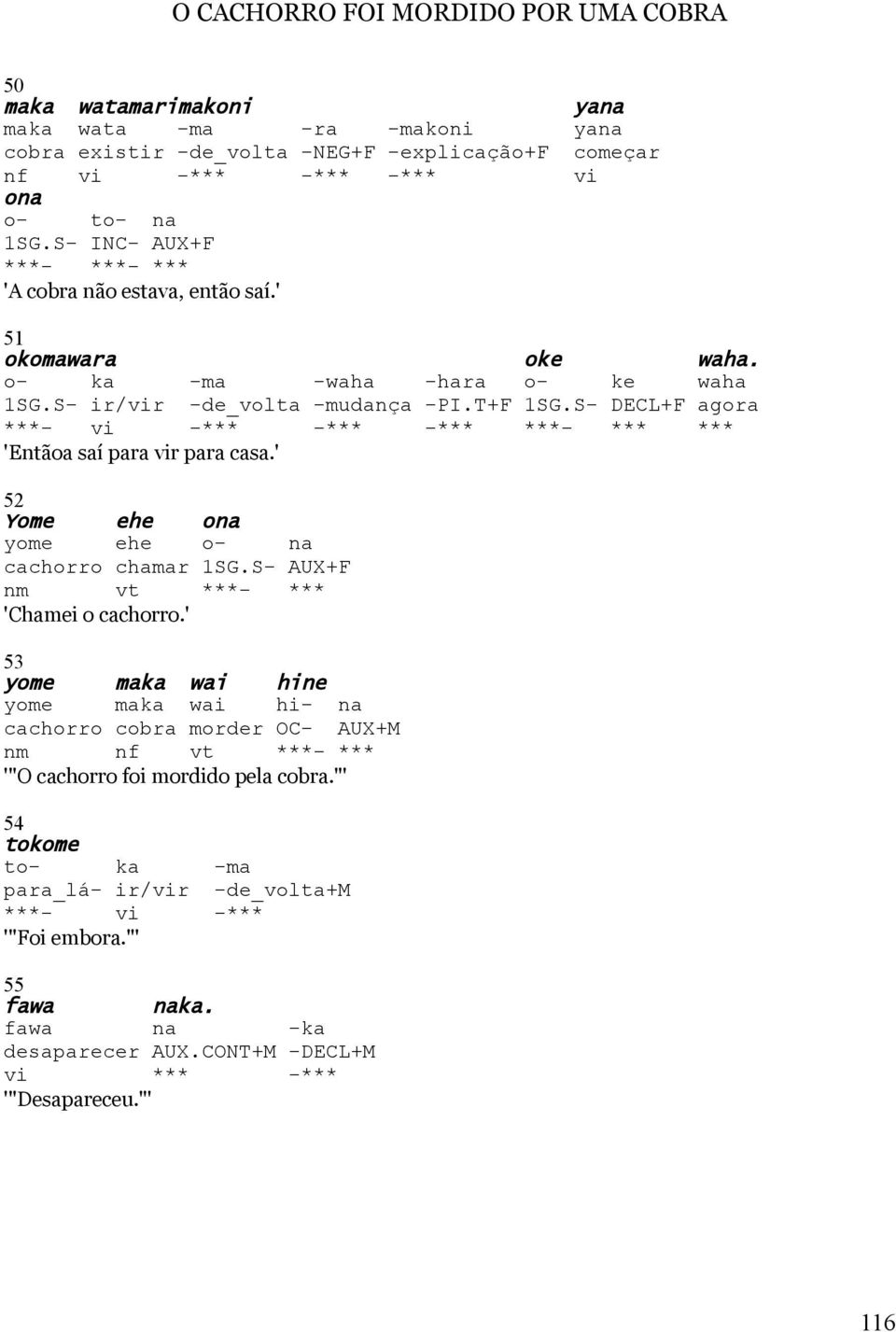 S- DECL+F agora ***- vi -*** -*** -*** ***- *** *** 'Entãoa saí para vir para casa.' 52 Yome ehe ona yome ehe o- na cachorro chamar 1SG.S- AUX+F nm vt ***- *** 'Chamei o cachorro.