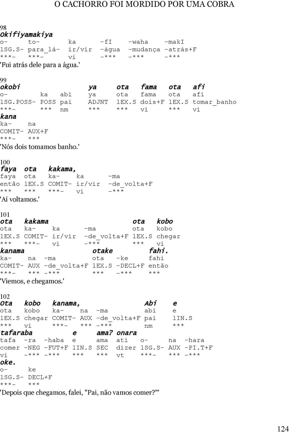 S tomar_banho ***- *** nm *** *** vi *** vi kana ka- na COMIT- AUX+F ***- *** 'Nós dois tomamos banho.' 100 faya ota kakama, faya ota ka- ka -ma então 1EX.