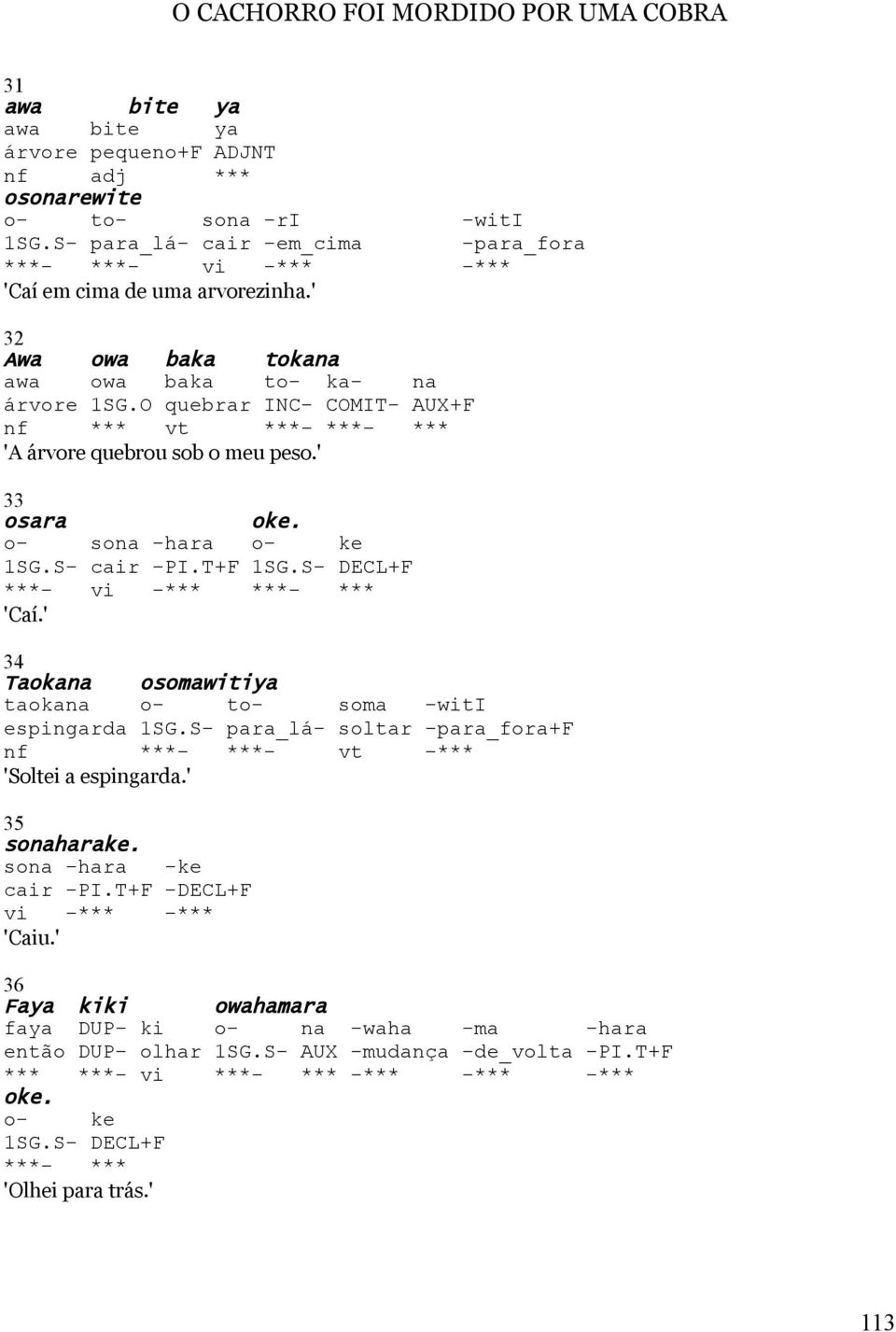 S- DECL+F ***- vi -*** ***- *** 'Caí.' 34 Taokana osomawitiya taokana o- to- soma -witi espingarda 1SG.S- para_lá- soltar -para_fora+f nf ***- ***- vt -*** 'Soltei a espingarda.' 35 sonaharake.