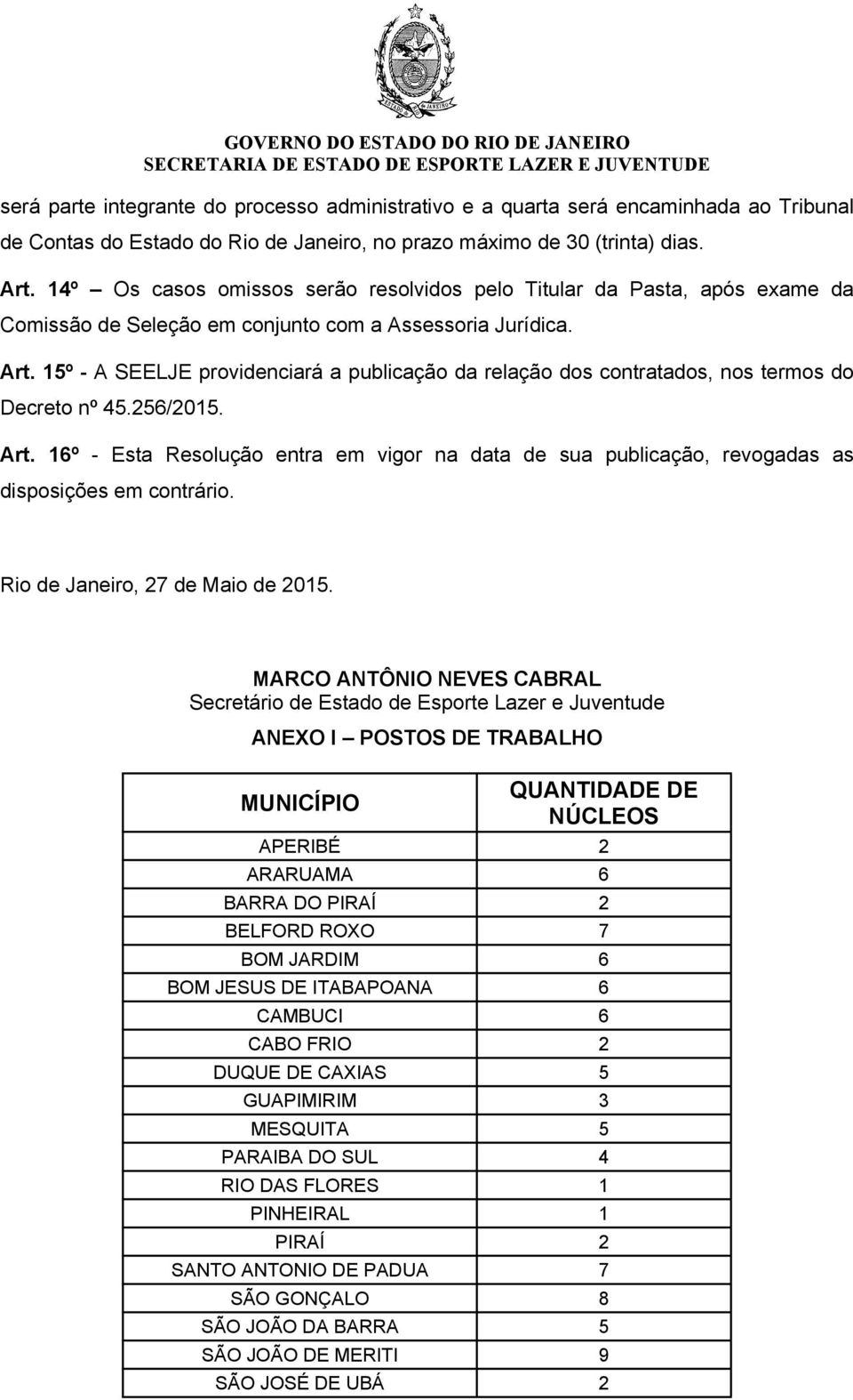 15º A SEELJE providenciará a publicação da relação dos contratados, nos termos do Decreto nº 45.256/2015. Art.