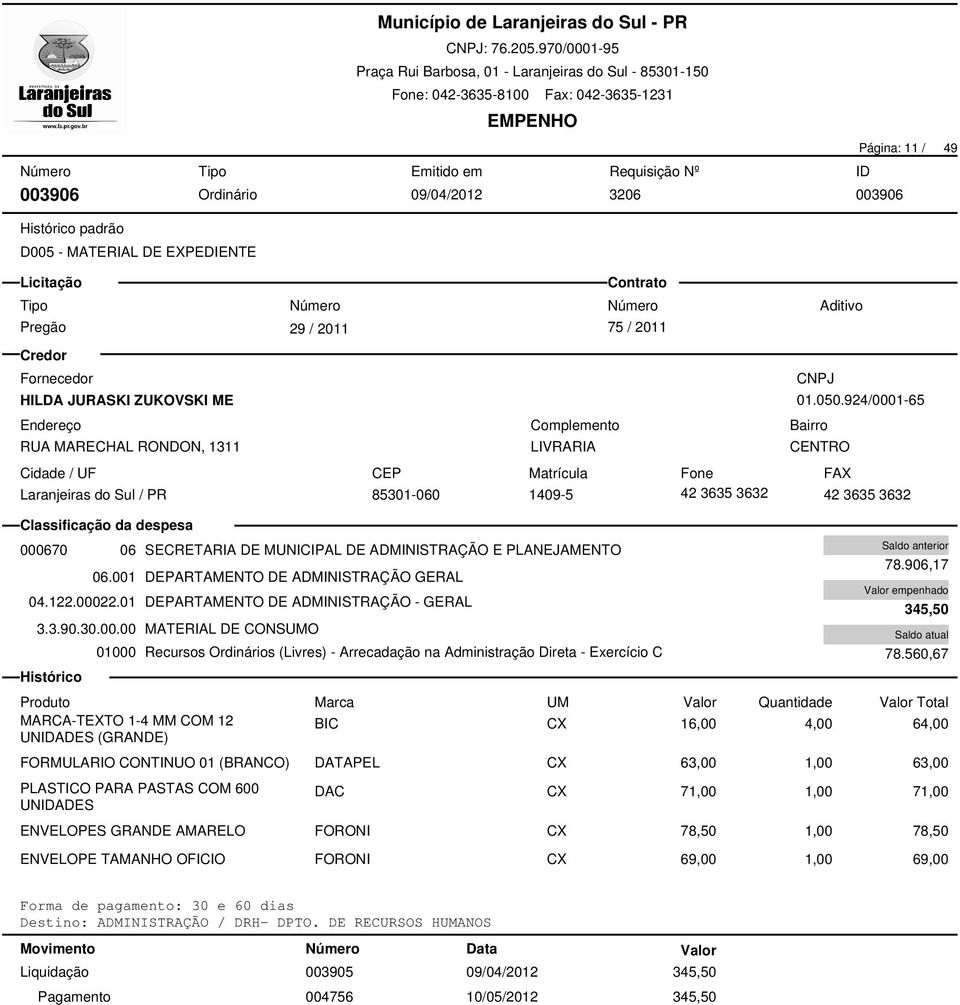 01 DEPARTAMENTO DE ADMINISTRAÇÃO - GERAL 3.3.90.30.00.00 MATERIAL DE CONSUMO 01000 Recursos Ordinários (Livres) - Arrecadação na Administração Direta - Exercício C 78.906,17 345,50 78.