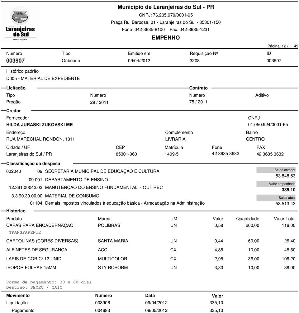 3.90.30.00.00 MATERIAL DE CONSUMO 01104 Demais impostos vinculados à educação básica - Arrecadação na Administração 53.848,53 335,10 53.