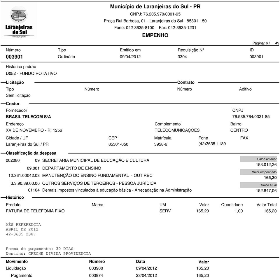 03 MANUTENÇÃO DO ENSINO FUNDAMENTAL - OUT REC 01104 Demais impostos vinculados à educação básica - Arrecadação na Administração 153.012,26 165,20 152.