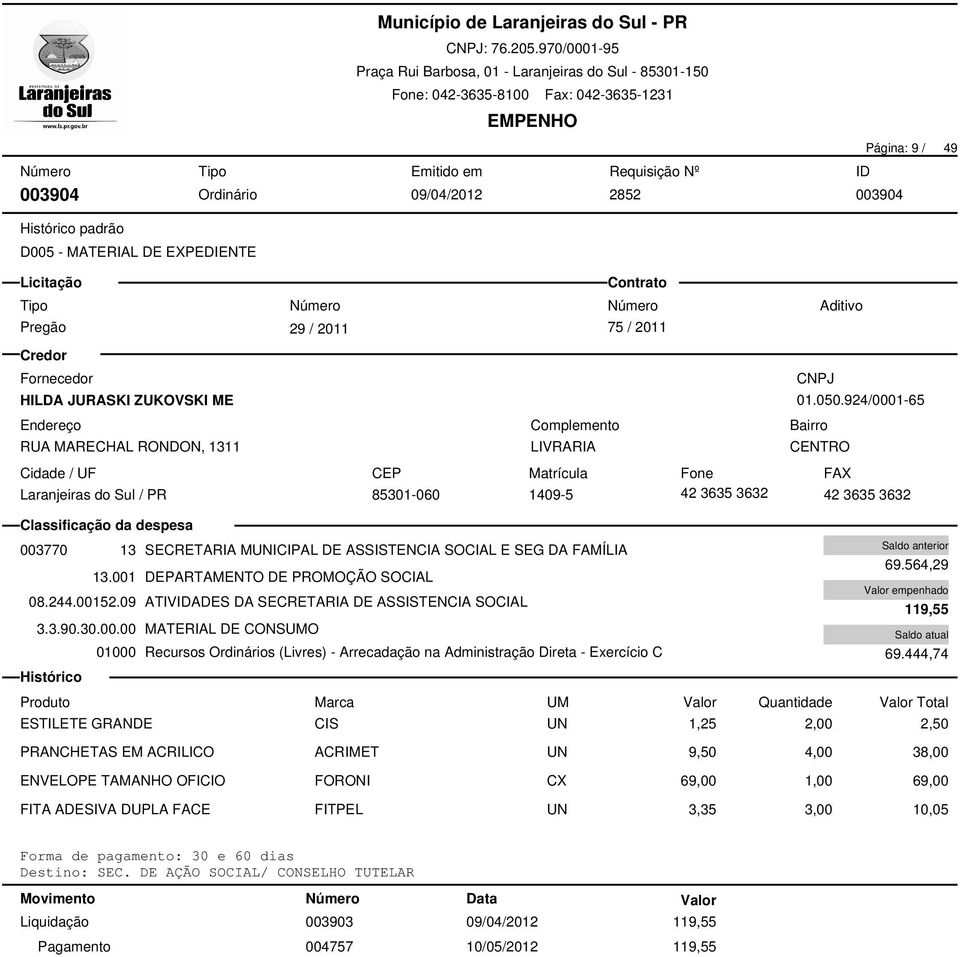 09 ATIVIDADES DA SECRETARIA DE ASSISTENCIA SOCIAL 3.3.90.30.00.00 MATERIAL DE CONSUMO 01000 Recursos Ordinários (Livres) - Arrecadação na Administração Direta - Exercício C 69.564,29 119,55 69.