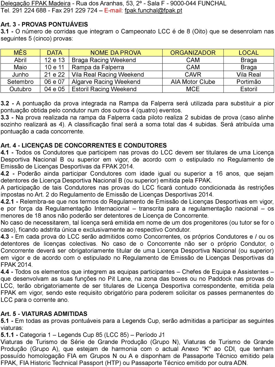 Braga Maio 10 e 11 Rampa da Falperra CAM Braga Junho 21 e 22 Vila Real Racing Weekend CAVR Vila Real Setembro 06 e 07 Algarve Racing Weekend AIA Motor Clube Portimão Outubro 04 e 05 Estoril Racing