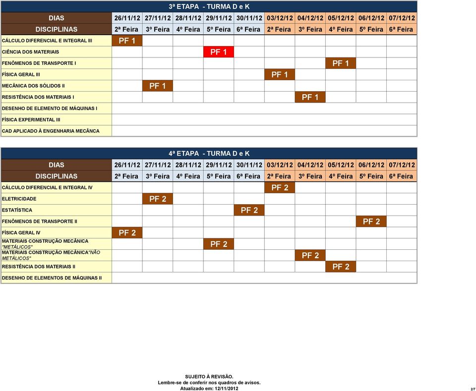 E INTEGRAL IV PF 2 ELETRICIDADE PF 2 ESTATÍSTICA PF 2 FENÔMENOS DE TRANSPORTE II PF 2 FÍSICA GERAL IV PF 2 MATERIAIS CONSTRUÇÃO MECÂNICA "METÁLICOS" PF 2