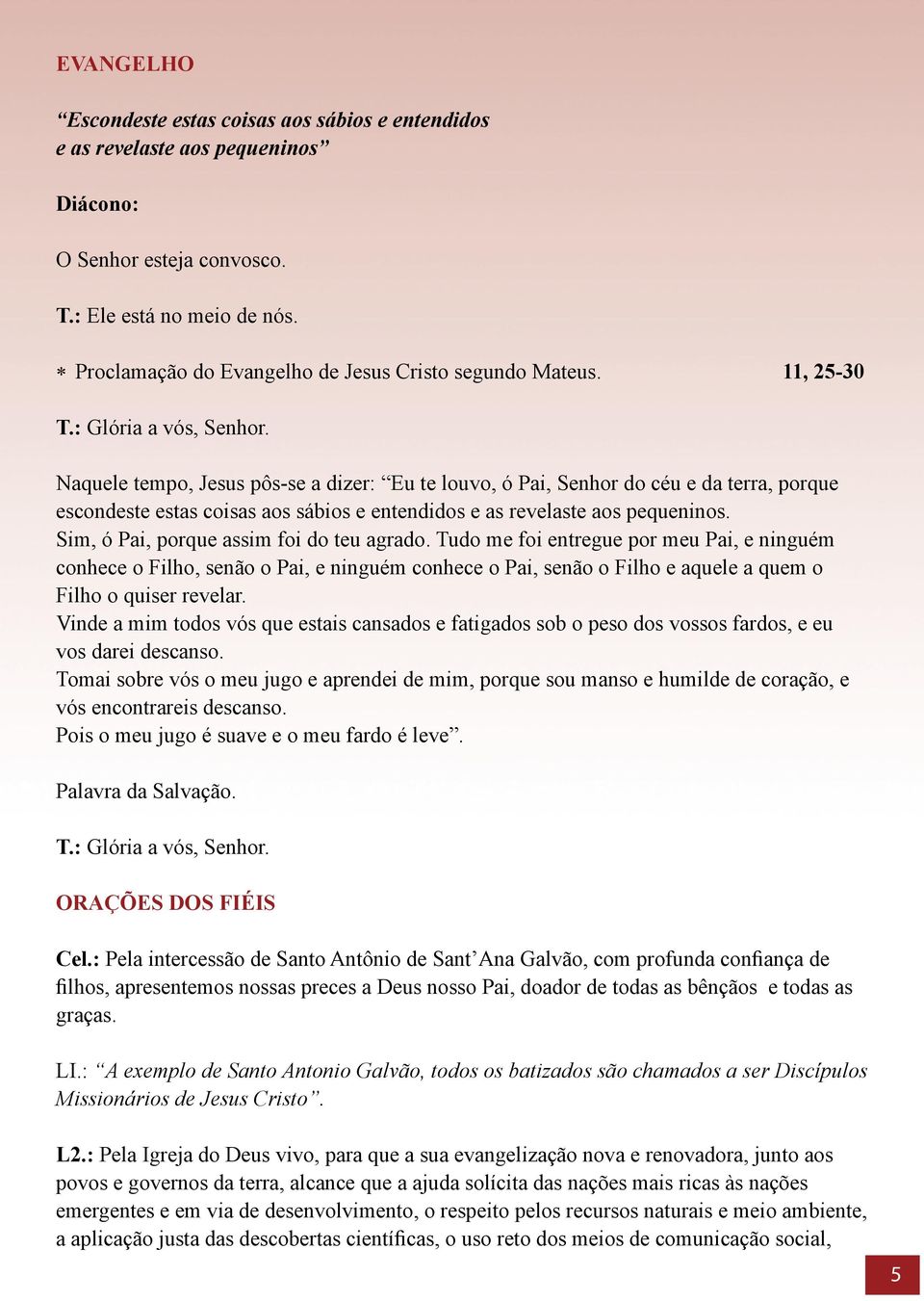 Naquele tempo, Jesus pôs-se a dizer: Eu te louvo, ó Pai, Senhor do céu e da terra, porque escondeste estas coisas aos sábios e entendidos e as revelaste aos pequeninos.