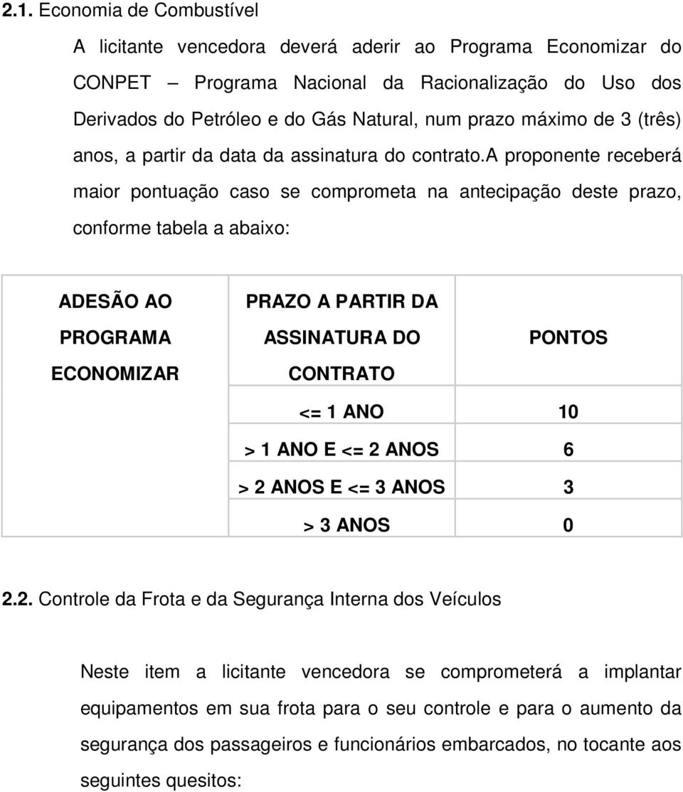 a proponente receberá maior pontuação caso se comprometa na antecipação deste prazo, conforme tabela a abaixo: ADESÃO AO PROGRAMA ECONOMIZAR PRAZO A PARTIR DA ASSINATURA DO CONTRATO <= 1 ANO 10 >