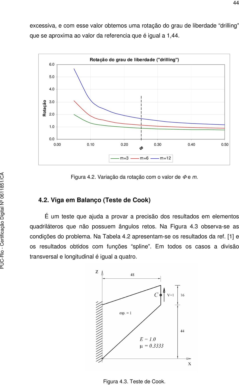 0 1.0 0.0 0.00 0.10 0.20 0.30 0.40 0.50 Φ m=3 m=6 m=12 Figura 4.2. Variação da rotação com o valor de Φ e m. 4.2. Viga em Balanço (Teste de Cook) É um teste que ajuda a provar a precisão dos resultados em elementos quadriláteros que não possuem ângulos retos.