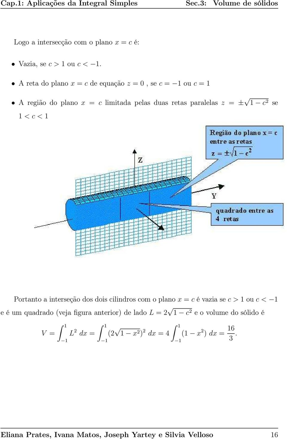 Portnto interseção dos dois cilindros com o plno = c é vzi se c > ou c < e é um qudrdo (vej figur nterior) de ldo