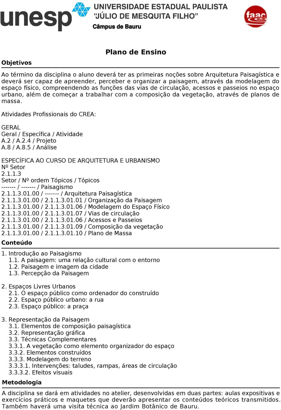 Atividades Profissionais do CREA: GERAL Geral / Específica / Atividade A.2 / A.2.4 / Projeto A.8 / A.8.5 / Análise ESPECÍFICA AO CURSO DE ARQUITETURA E URBANISMO Nº Setor 2.1.