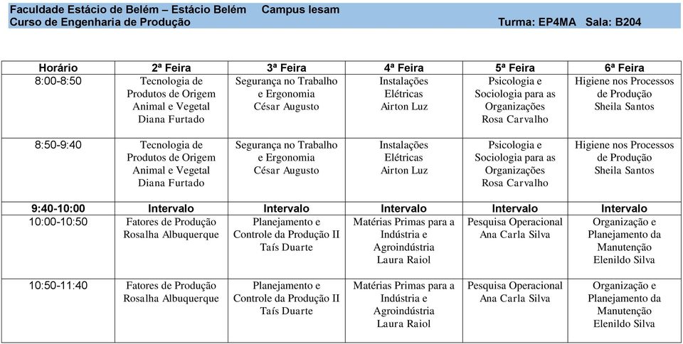 Augusto Instalações Airton Luz 10:00-10:50 Fatores I Taís