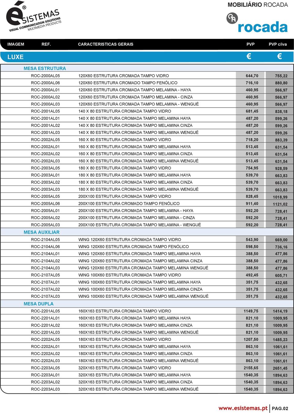 460,95 ROC-2000AL02 120X60 ESTRUTURA CROMADA TAMPO MELAMINA - CINZA 460,95 ROC-2000AL03 120X60 ESTRUTURA CROMADA TAMPO MELAMINA - WENGUÉ 460,95 ROC-2001AL05 140 X 80 ESTRUTURA CROMADA TAMPO VIDRO