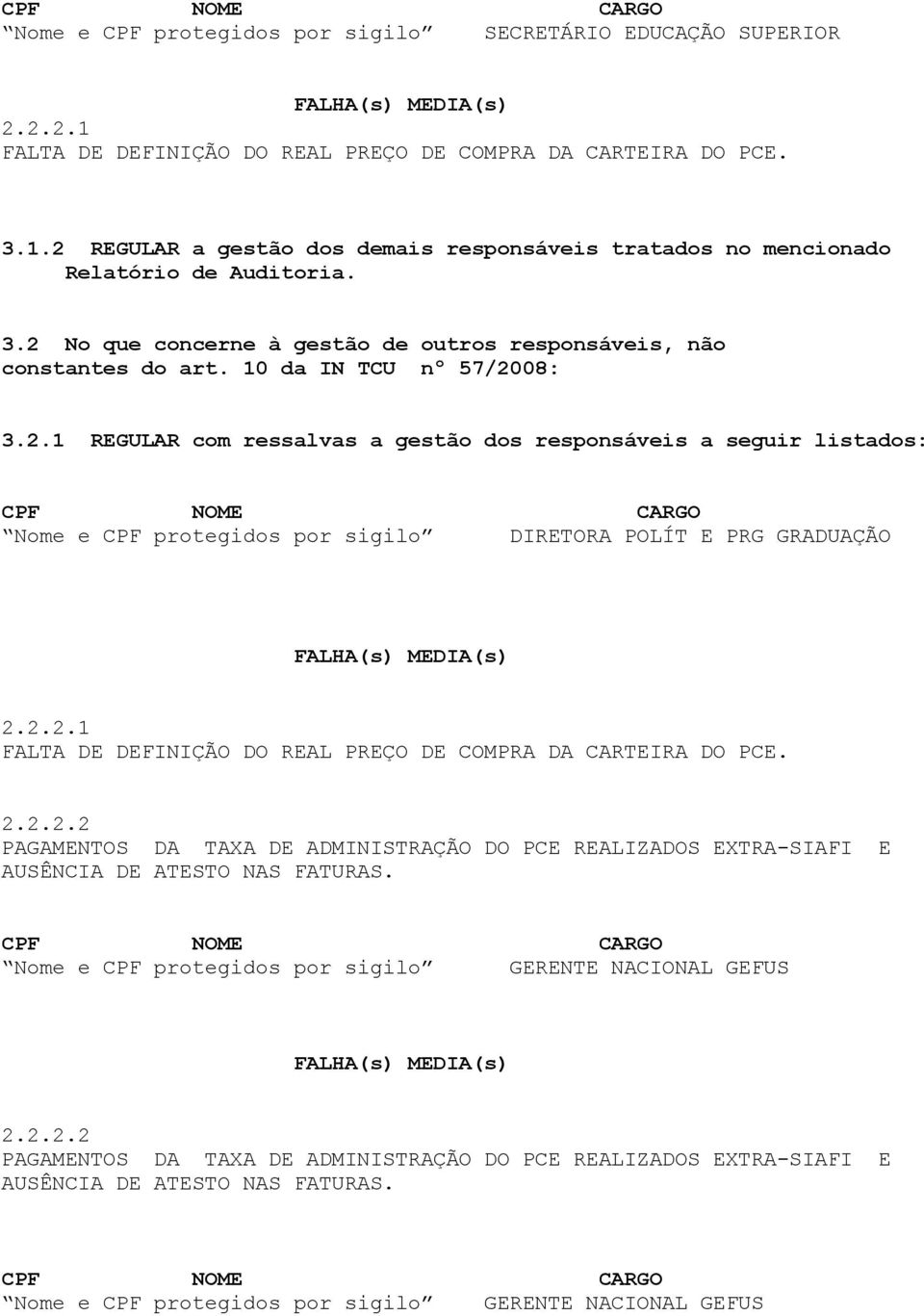 2.2.1 FALTA DE DEFINIÇÃO DO REAL PREÇO DE COMPRA DA CARTEIRA DO PCE. 2.2.2.2 PAGAMENTOS DA TAXA DE ADMINISTRAÇÃO DO PCE REALIZADOS EXTRA-SIAFI E AUSÊNCIA DE ATESTO NAS FATURAS.