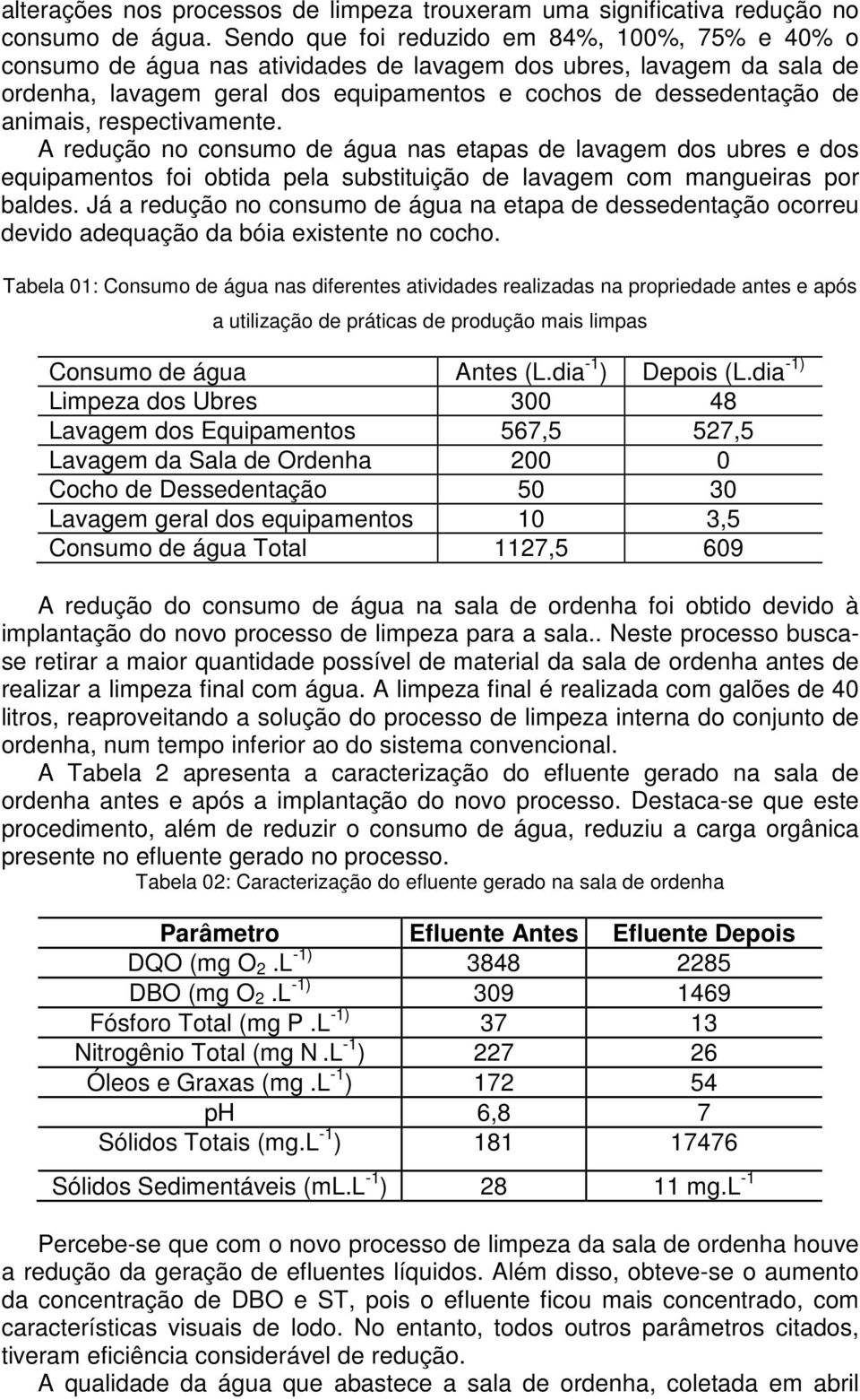 respectivamente. A redução no consumo de água nas etapas de lavagem dos ubres e dos equipamentos foi obtida pela substituição de lavagem com mangueiras por baldes.