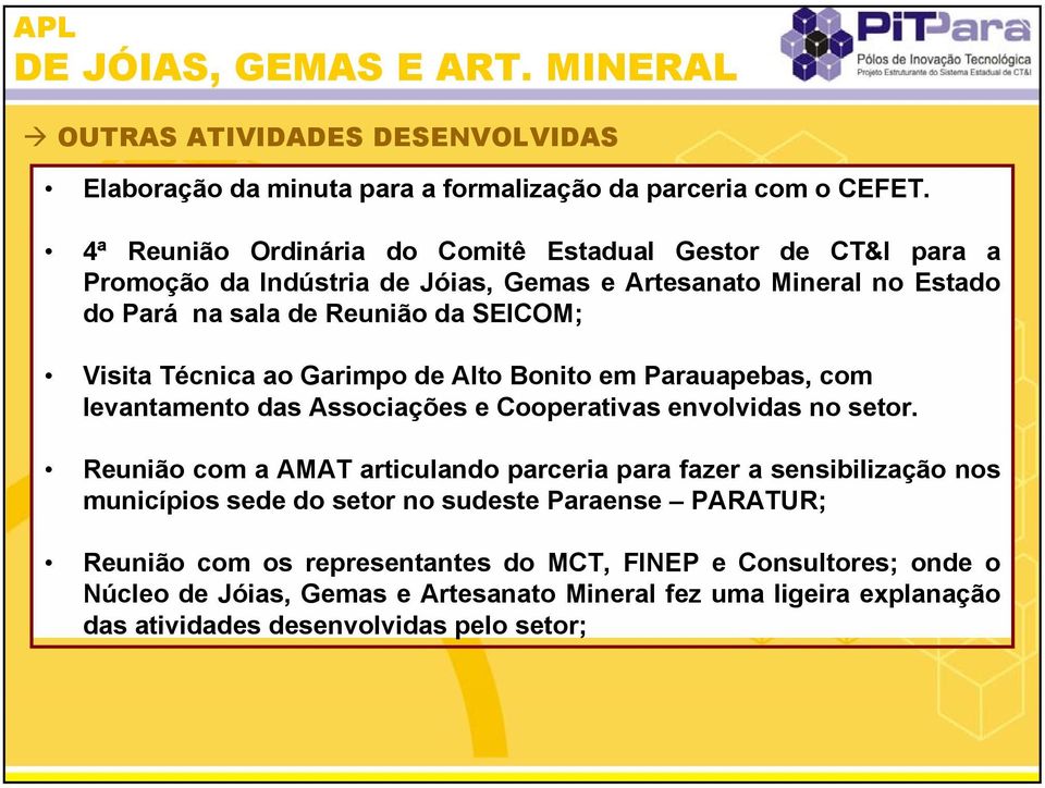 Visita Técnica ao Garimpo de Alto Bonito em Parauapebas, com levantamento das Associações e Cooperativas envolvidas no setor.