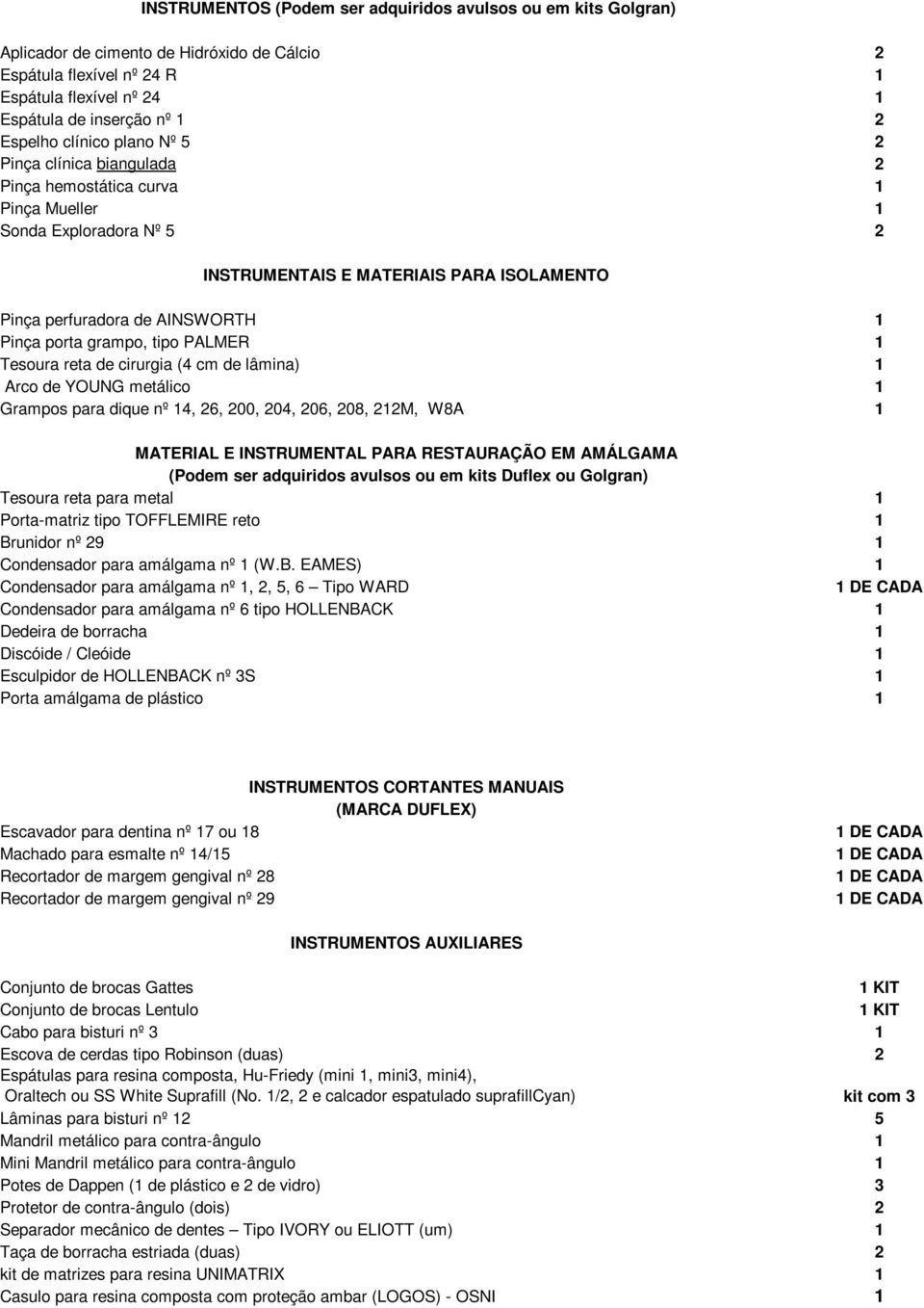 porta grampo, tipo PALMER 1 Tesoura reta de cirurgia (4 cm de lâmina) 1 Arco de YOUNG metálico 1 Grampos para dique nº 14, 26, 200, 204, 206, 208, 212M, W8A 1 MATERIAL E INSTRUMENTAL PARA RESTAURAÇÃO