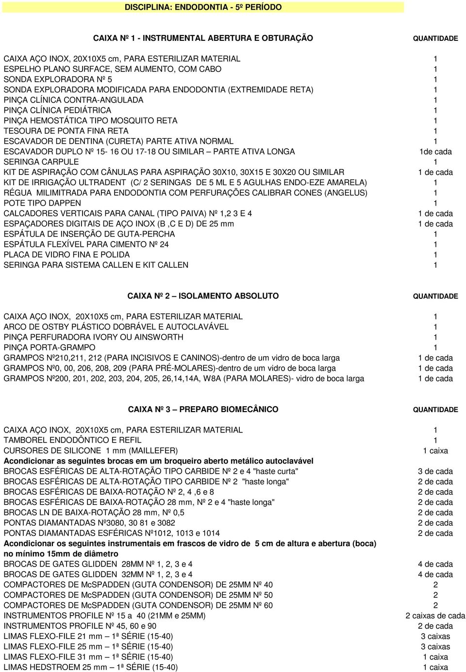 FINA RETA 1 ESCAVADOR DE DENTINA (CURETA) PARTE ATIVA NORMAL 1 ESCAVADOR DUPLO Nº 15-16 OU 17-18 OU SIMILAR PARTE ATIVA LONGA 1de cada SERINGA CARPULE 1 KIT DE ASPIRAÇÃO COM CÂNULAS PARA ASPIRAÇÃO