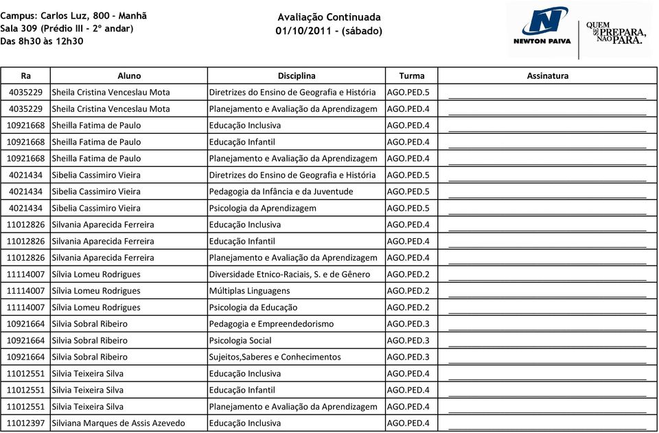 PED.4 10921668 Sheilla Fatima de Paulo Planejamento e Avaliação da Aprendizagem AGO.PED.4 4021434 Sibelia Cassimiro Vieira Diretrizes do Ensino de Geografia e História AGO.PED.5 4021434 Sibelia Cassimiro Vieira Pedagogia da Infância e da Juventude AGO.