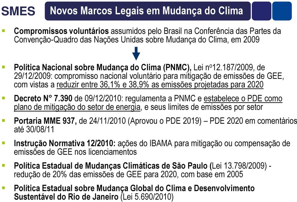 187/2009, de 29/12/2009: compromisso nacional voluntário para mitigação de emissões de GEE, com vistas a reduzir entre 36,1% e 38,9% as emissões projetadas para 2020 Decreto N 7.