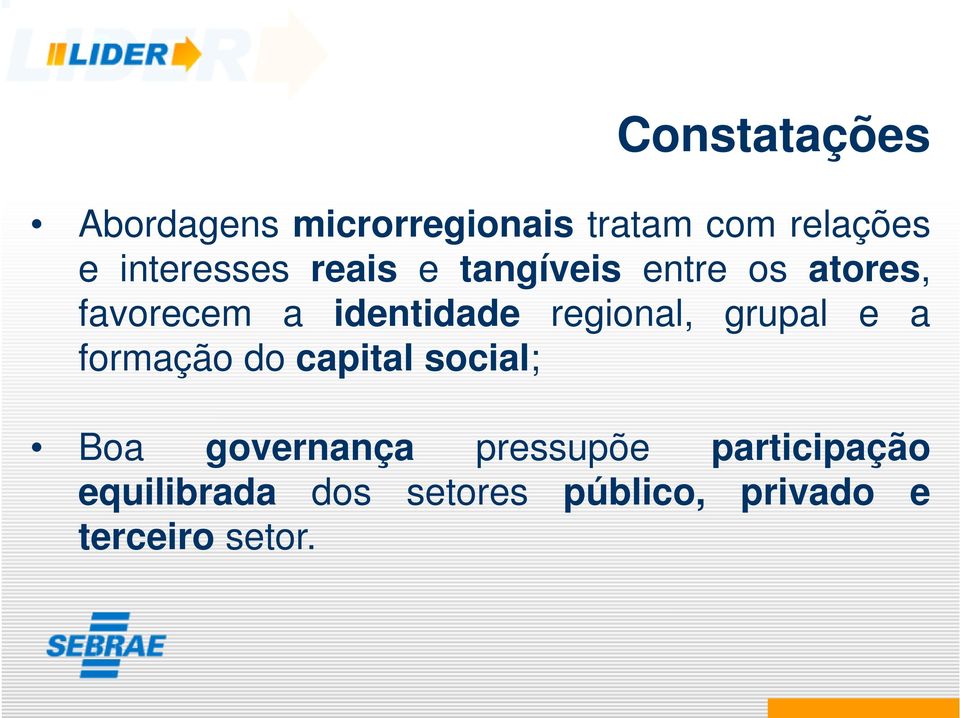 regional, grupal e a formação do capital social; Boa governança