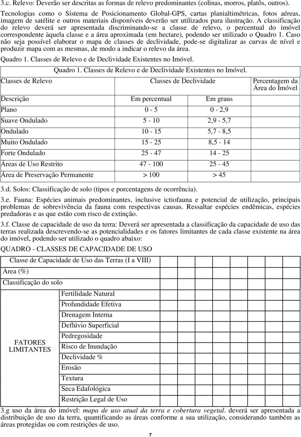 A classificação do relevo deverá ser apresentada discriminando-se a classe de relevo, o percentual do imóvel correspondente àquela classe e a área aproximada (em hectare), podendo ser utilizado o