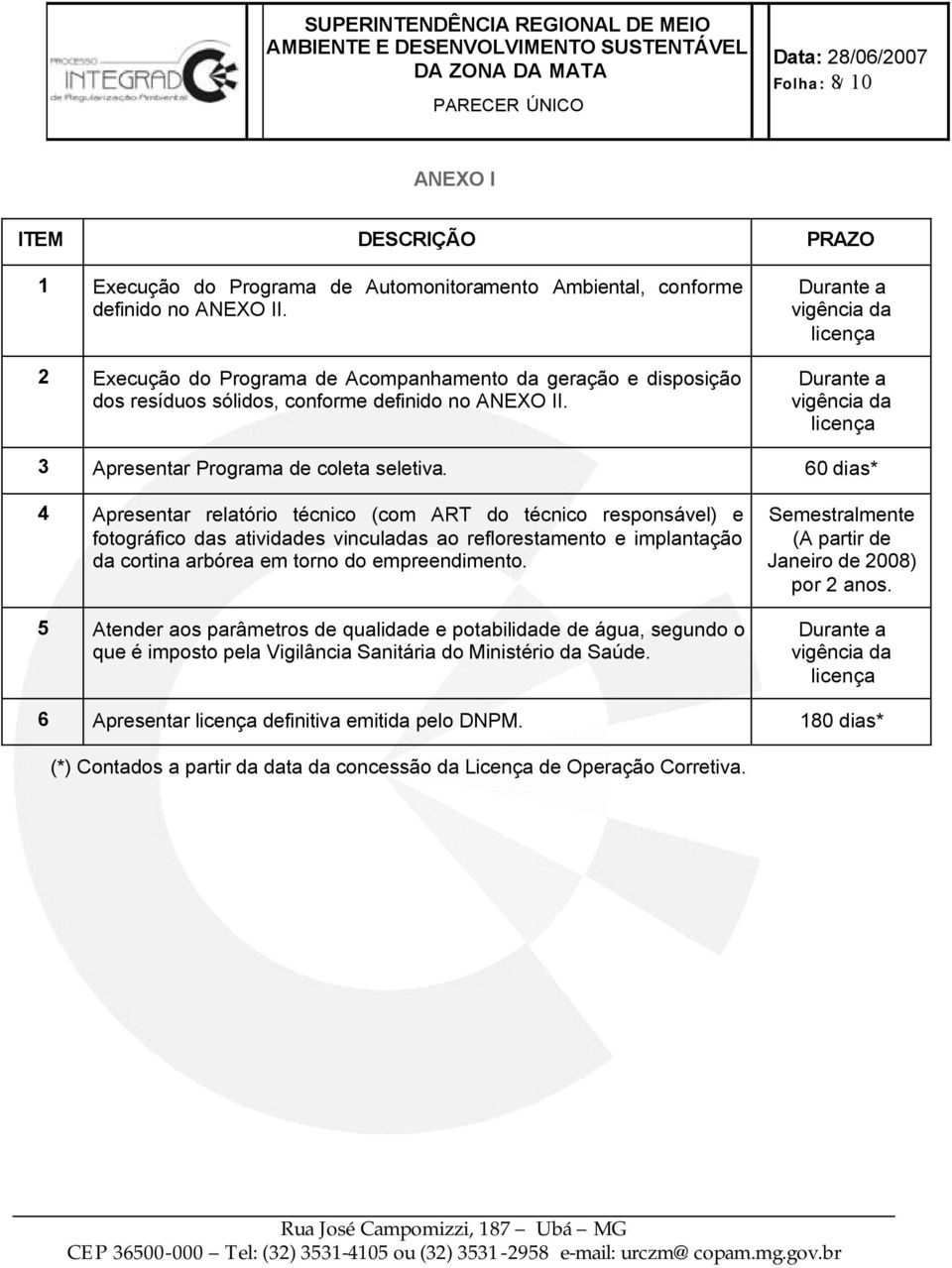 Durante a vigência da licença Durante a vigência da licença 3 Apresentar Programa de coleta seletiva.