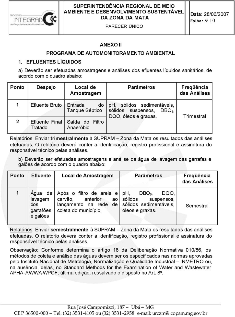 Tanque Séptico 2 Efluente Final Tratado Saída do Filtro Anaeróbio Parâmetros ph, sólidos sedimentáveis, sólidos suspensos, DBO 5, DQO, óleos e graxas.