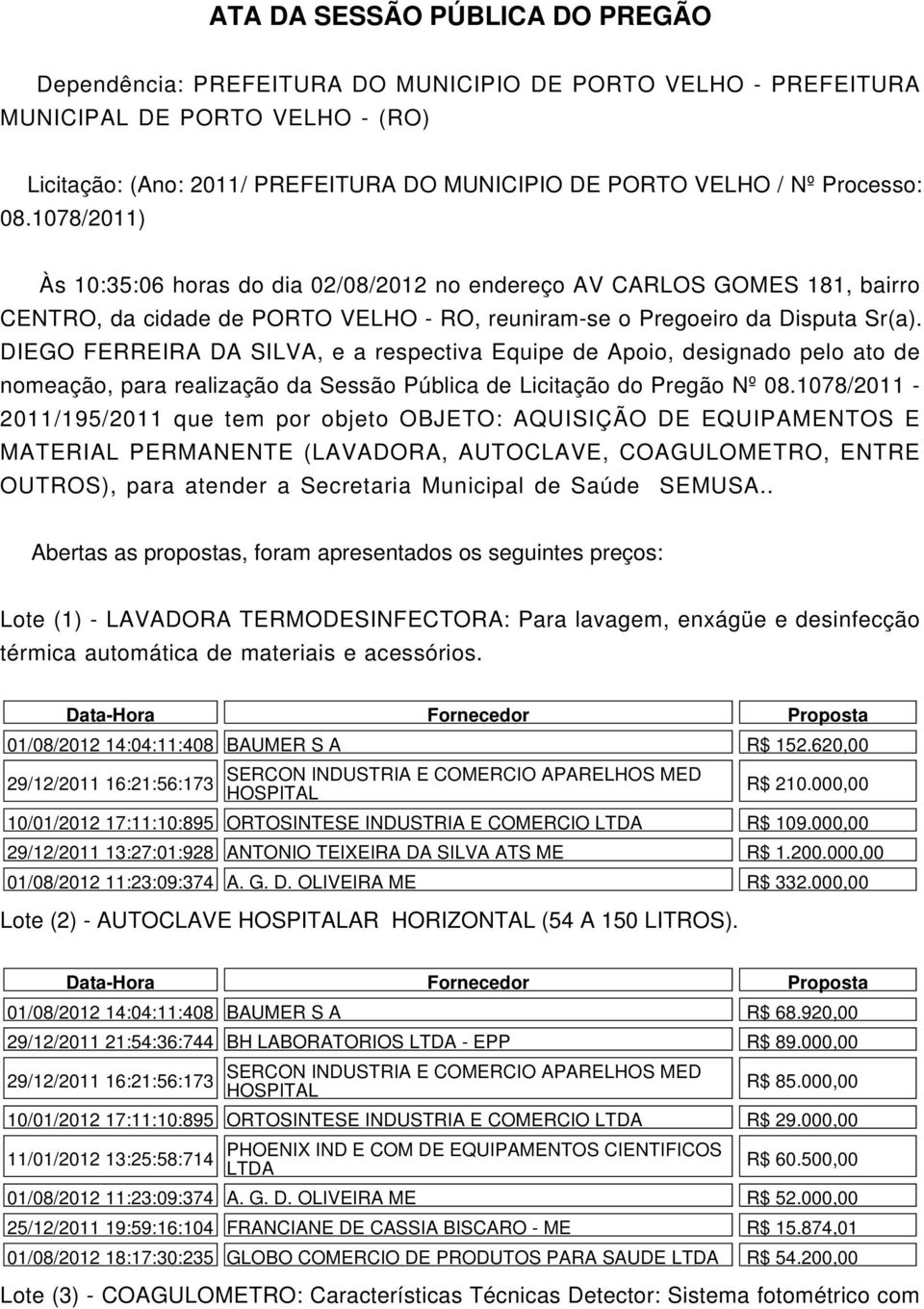 DIEGO FERREIRA DA SILVA, e a respectiva Equipe de Apoio, designado pelo ato de nomeação, para realização da Sessão Pública de Licitação do Pregão Nº 08.