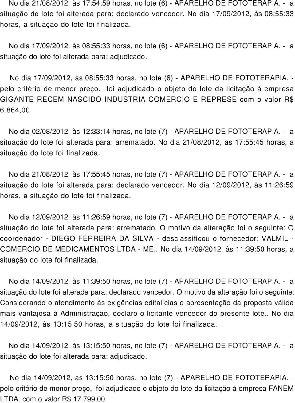 - a situação do lote foi alterada para: adjudicado. No dia 17/09/2012, às 08:55:33 horas, no lote (6) - APARELHO DE FOTOTERAPIA.