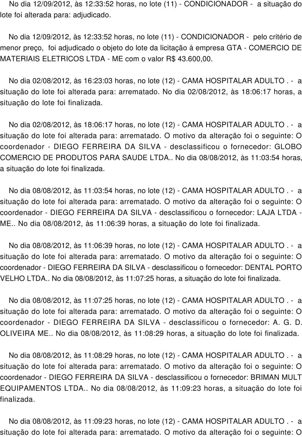 ME com o valor R$ 43.600,00. No dia 02/08/2012, às 16:23:03 horas, no lote (12) - CAMA HOSPITALAR ADULTO. - a situação do lote foi alterada para: arrematado.