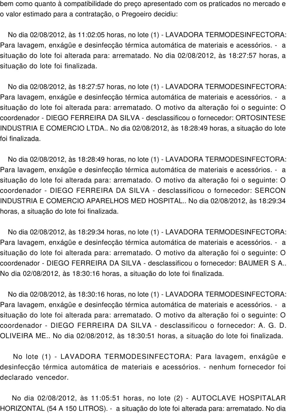 No dia 02/08/2012, às 18:27:57 horas, a situação do lote foi finalizada.