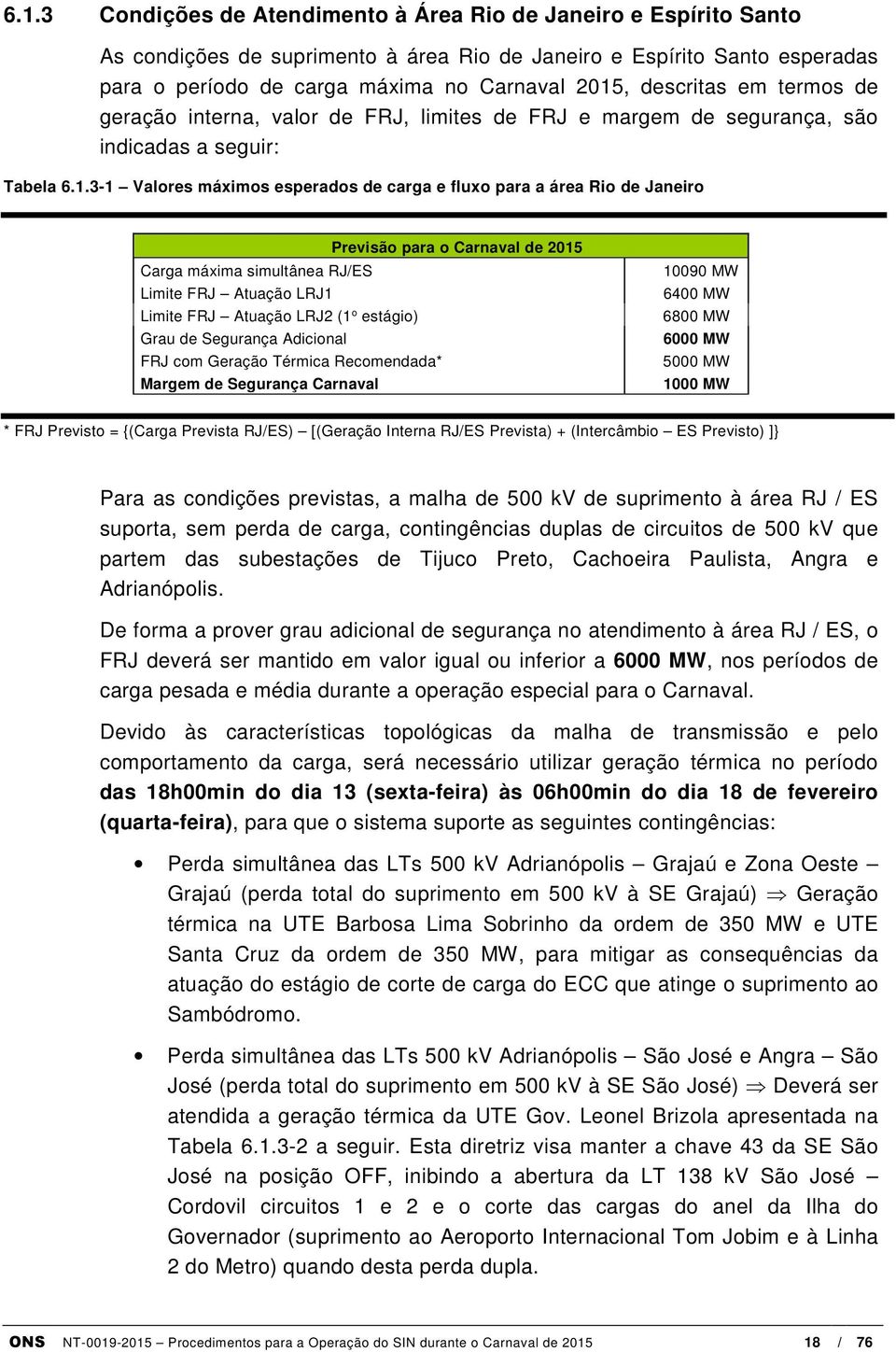 3-1 Valores máximos esperados de carga e fluxo para a área Rio de Janeiro Previsão para o Carnaval de 2015 Carga máxima simultânea RJ/ES Limite FRJ Atuação LRJ1 Limite FRJ Atuação LRJ2 (1 o estágio)