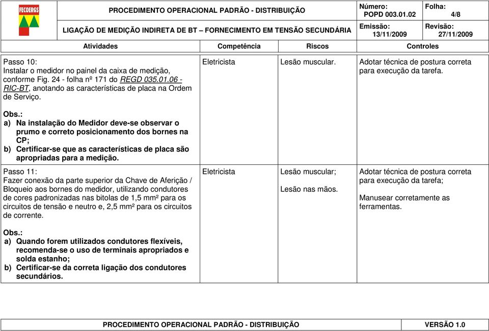 Passo 11: Fazer conexão da parte superior da Chave de Aferição / Bloqueio aos bornes do medidor, utilizando condutores de cores padronizadas nas bitolas de 1,5 mm² para os circuitos de tensão e