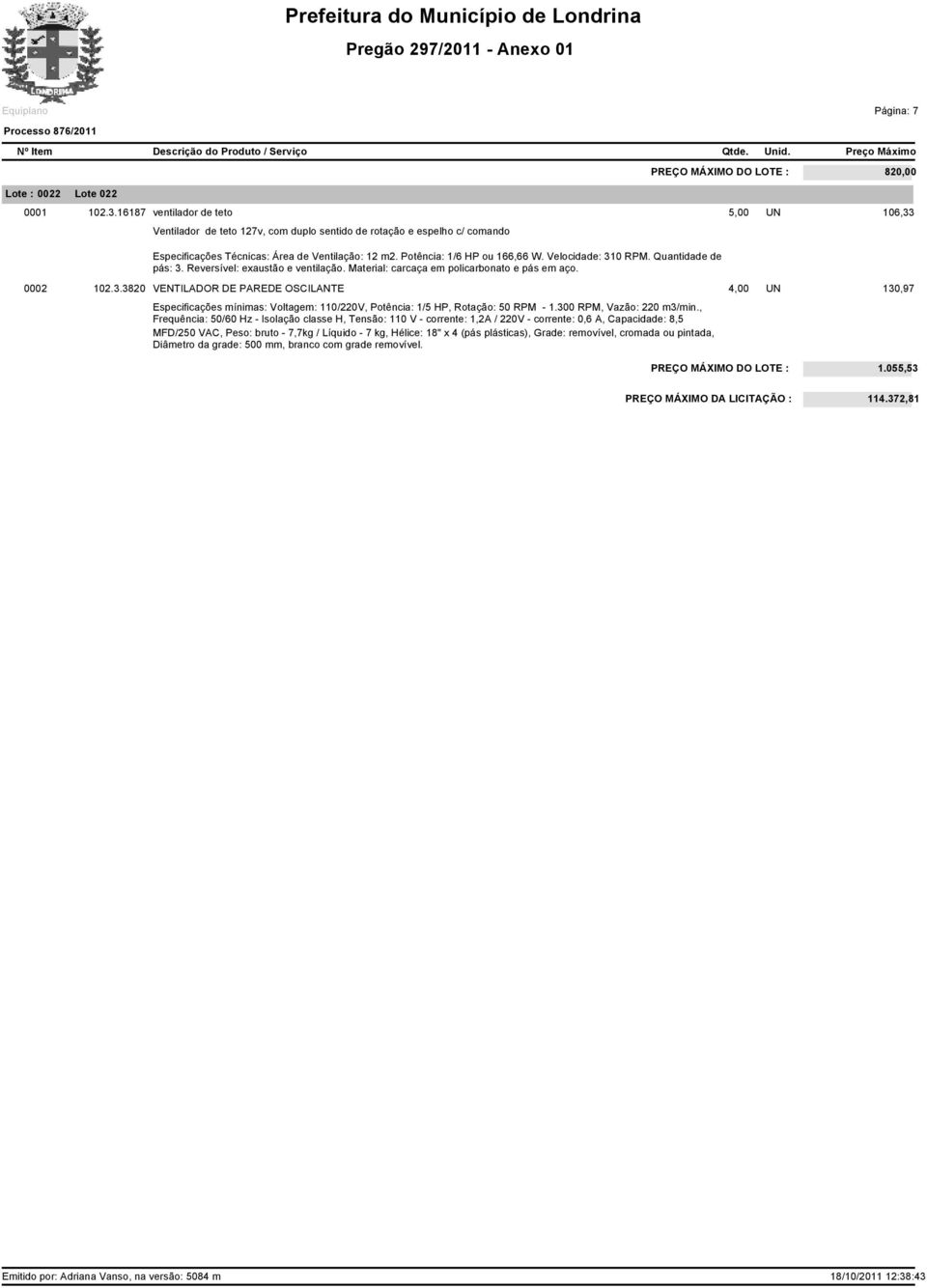 Velocidade: 310 RPM. Quantidade de pás: 3. Reversível: exaustão e ventilação. Material: carcaça em policarbonato e pás em aço. 0002 102.3.3820 VENTILADOR DE PAREDE OSCILANTE 4,00 UN 130,97 Especificações mínimas: Voltagem: 110/220V, Potência: 1/5 HP, Rotação: 50 RPM - 1.