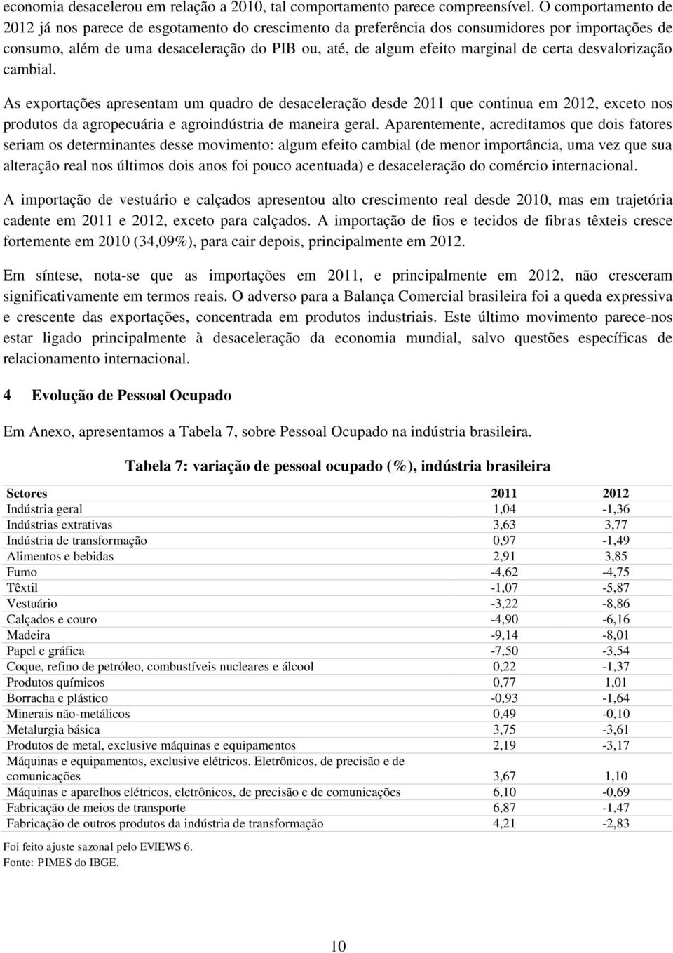 certa desvalorização cambial. As exportações apresentam um quadro de desaceleração desde 2011 que continua em 2012, exceto nos produtos da agropecuária e agroindústria de maneira geral.