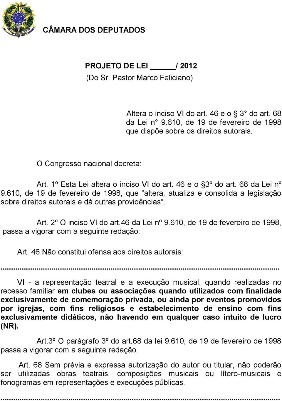 610, de 19 de fevereiro de 1998, que altera, atualiza e consolida a legislação sobre direitos autorais e dá outras providências. Art. 2º O inciso VI do art.46 da Lei nº 9.