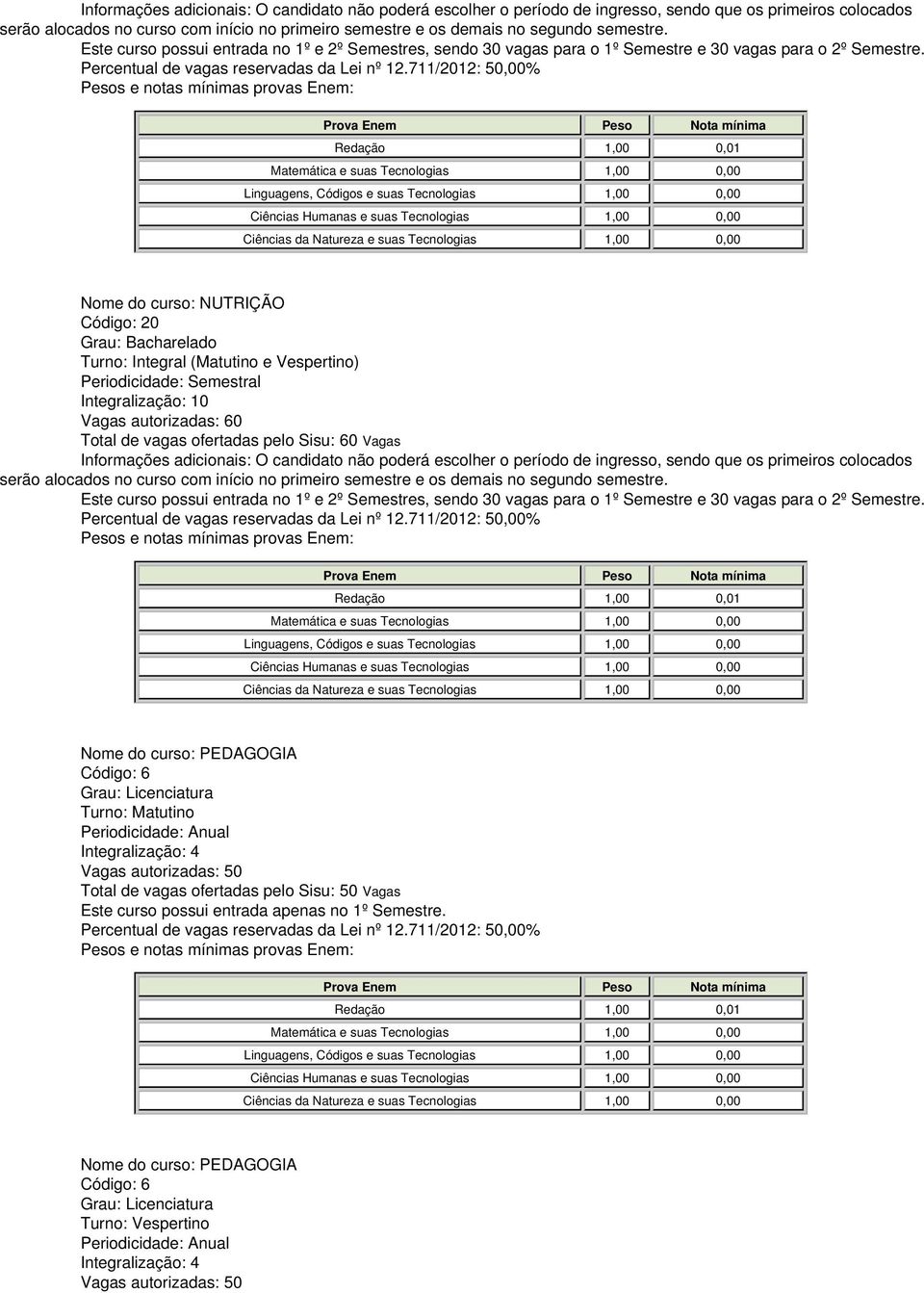 6 Turno: Matutino Periodicidade: Anual Integralização: 4 Vagas autorizadas: 50 Total de vagas ofertadas pelo Sisu: 50 Vagas Nome do curso: PEDAGOGIA