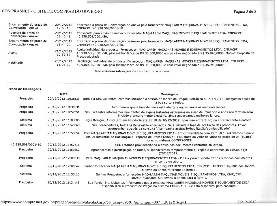 Encerrado 0 prazo de Convocac;ao de Anexo pelo fornecedor MAQ-LAREM MAQUINAS MOVEIS E EQUIPAMENTOS LTDA, 16:44:09 CNPJ/CPF:. Aceite individual da proposta.